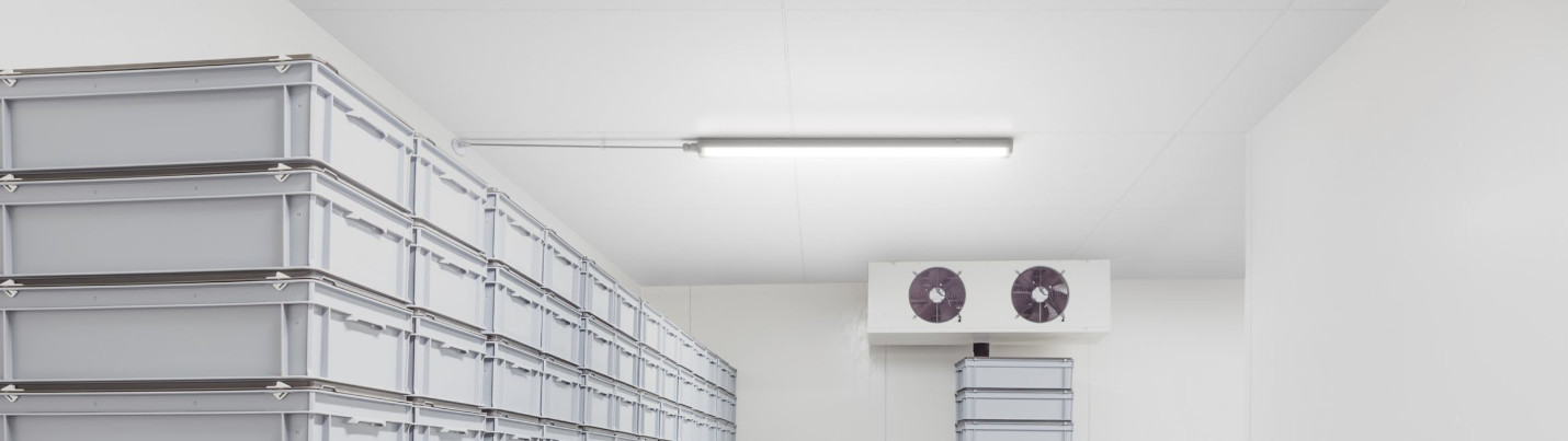 Ein Lagerraum mit Leuchten des Herstellers an der Decke