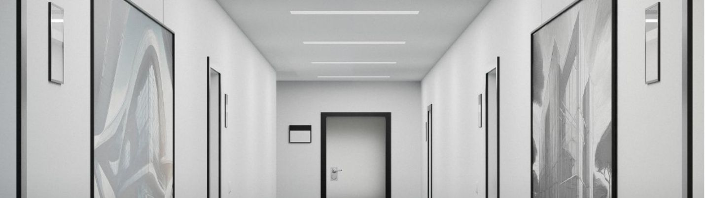 Ein Büroflur mit LED-Panel KALEEA 