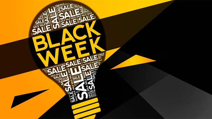 Banner mit angedeuteter Glühbirne und Black-Week-Schriftzug in Form der Glühbirne