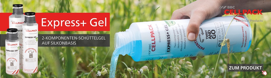 Banner von Cellpack mit grüner Wiese und Flaschen mit Flüssigkeiten