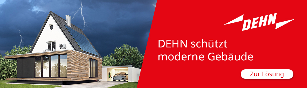 Banner in Rot zeigt dunkle Gewitterwolken mit Blitzen über einem Einfamilienhaus