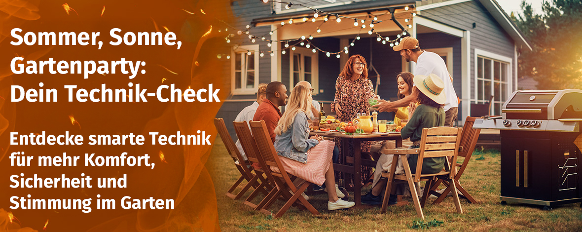 Aktionsbanner mit mehreren Menschen an einem Gartentisch vor einem Haus