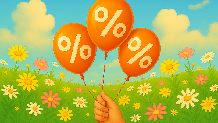 Eine Illustration zeigt orangefarbene Luftballons mit aufgedruckten Prozentzeichen und im Hintergrund eine bunte Blumenwiese und blauer Himmel mit Wölkchen