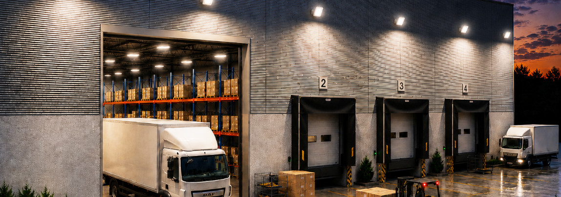 Leuchten des Herstellers an einer Hallenfassade mit LKW im Vordergrund