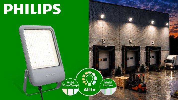 Philips LED-Fluter für die Außenbeleuchtung von Parkplätzen und Industrieflächen mit den Funktionen „All-in-One“, „Multi ColorTemp“ und „Multi Lumen“.