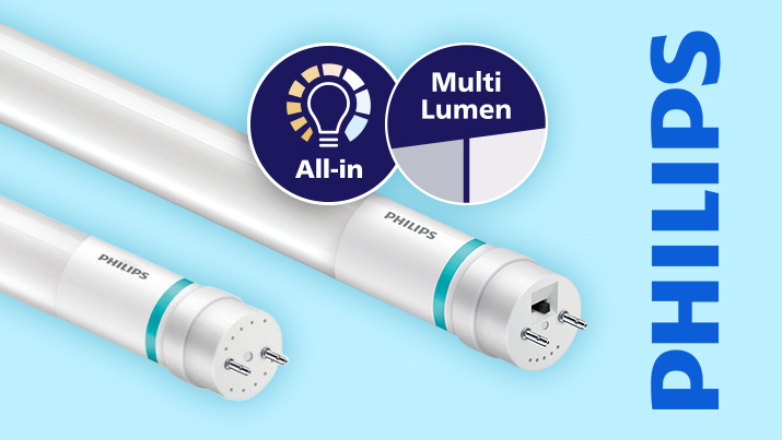 Zwei Leuchten des Herstellers Philips mit den Hinweisen All-in und Multi-Lumen auf hellblauem Grund