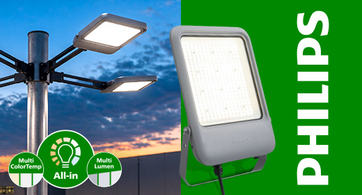 Philips LED-Fluter für die Außenbeleuchtung von Parkplätzen und Industrieflächen mit den Funktionen „All-in-One“, „Multi ColorTemp“ und „Multi Lumen“.