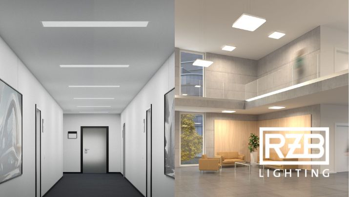 Ein Büroflur und ein großes Foyer mit Leuchten des Herstellers RZB