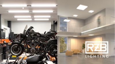 Bannerbild zeigt Leuchten des Herstellers RZB in einer Werkstatt mit Motorrädern und in einem weitläufigen Foyer