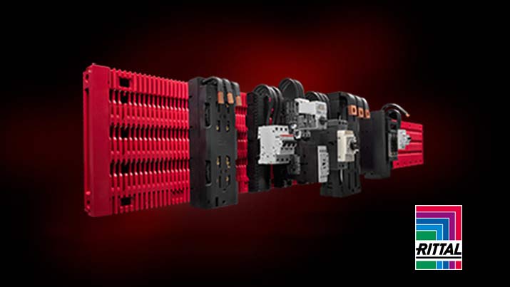 Auf schwarz-rotem Hintergrund sind Artikel des Herstellers Rittal abgebildet