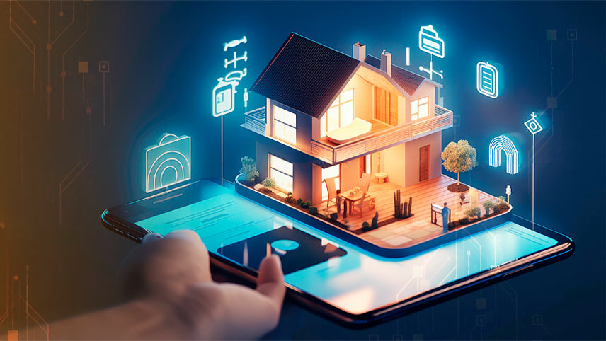 Eine Hand hält ein Einfamilienhaus als 3D-Darstellung mit schwebenden Smart-Home-Icons 
