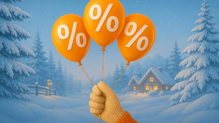 Eine Illustration zeigt eine Hand mit orangefarbenen Luftballons mit aufgedruckten Prozentzeichen vor einer bläulichen Winterlandschaft