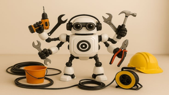 Ein kleiner schwarz-weisser Plastikroboter hält viele verschiedene Werkzeuge in den Händen