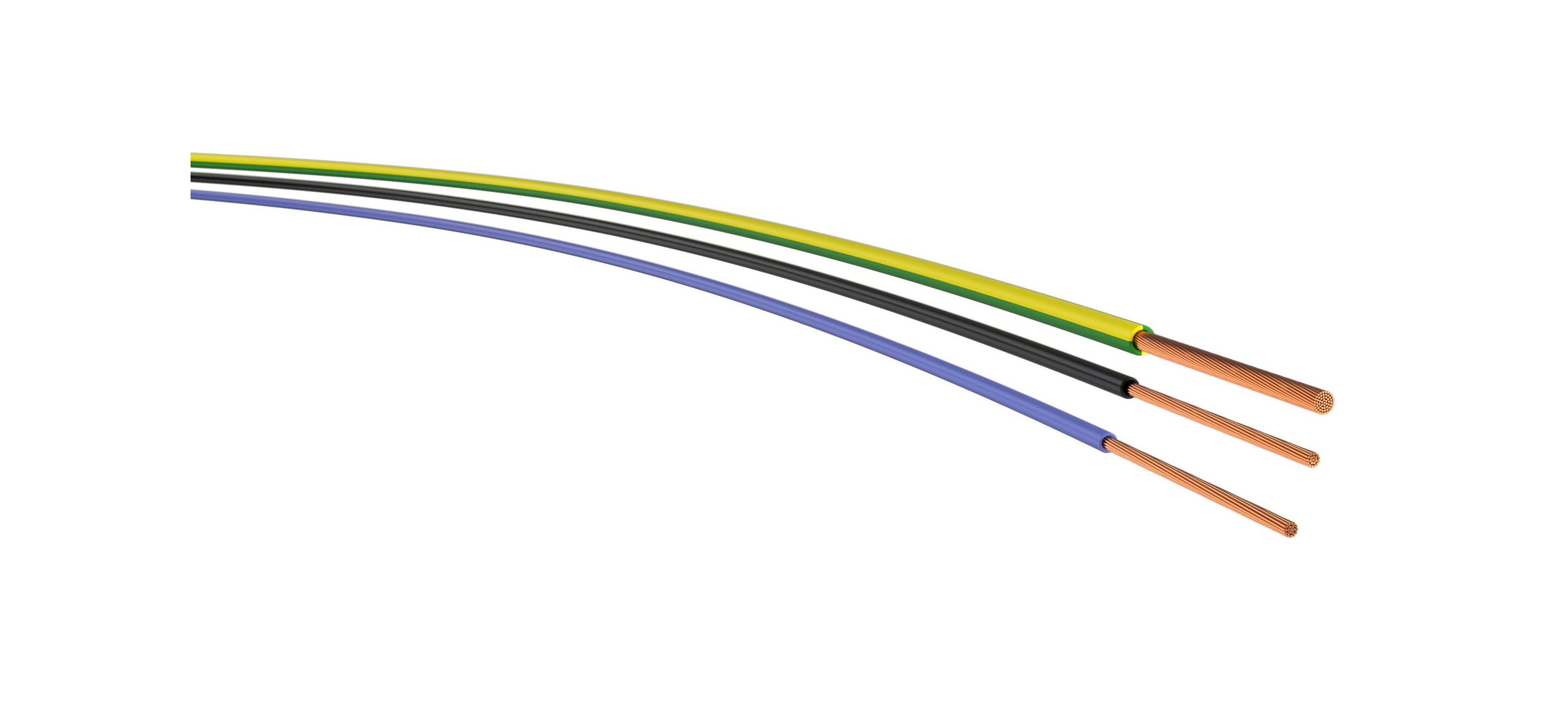 Einzeladerleitungen mit Kupferleiter und farbiger Isolierung (grün‑gelb, schwarz, blau) für die Elektroinstallation