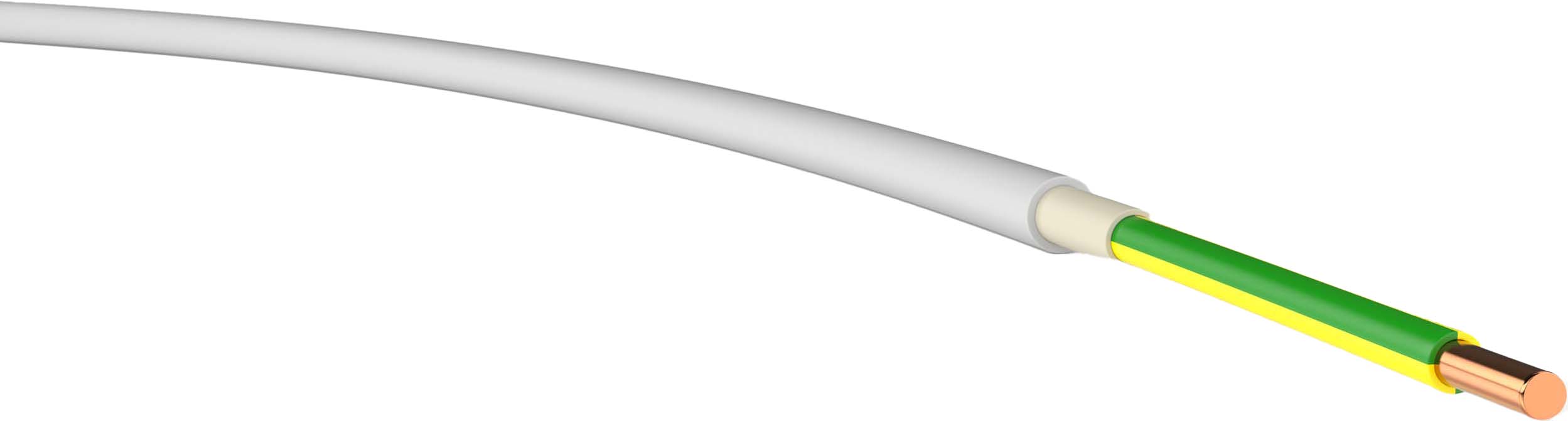 Weißes Installationskabel mit freigelegter gelb-grüner Ader.